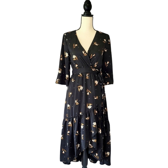 saltwater LUXE Dresses & Skirts - Saltwater Luxe black floral print wrap midi length ruffle hem 3/4 sleeve dress